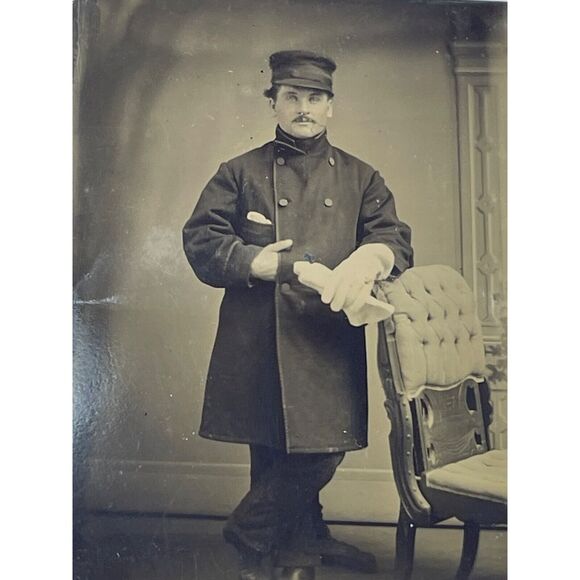 Antique Tintype Man in Uniform Perhaps Fireman with Gloves One Hand Tucked - Picture 2 of 4